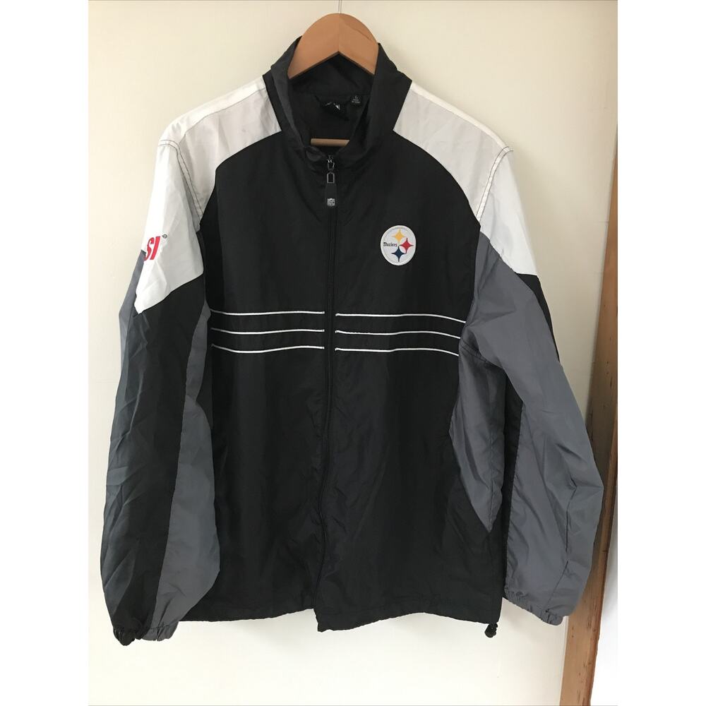 NFL Pittsburg Steelers Gray Black White Zip Up Windbreaker Coat Jacket L 50"